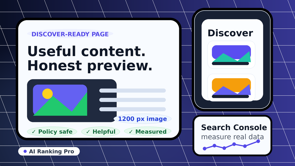 Readable illustration of a Discover-ready article card, mobile Discover feed preview, and Search Console measurement card